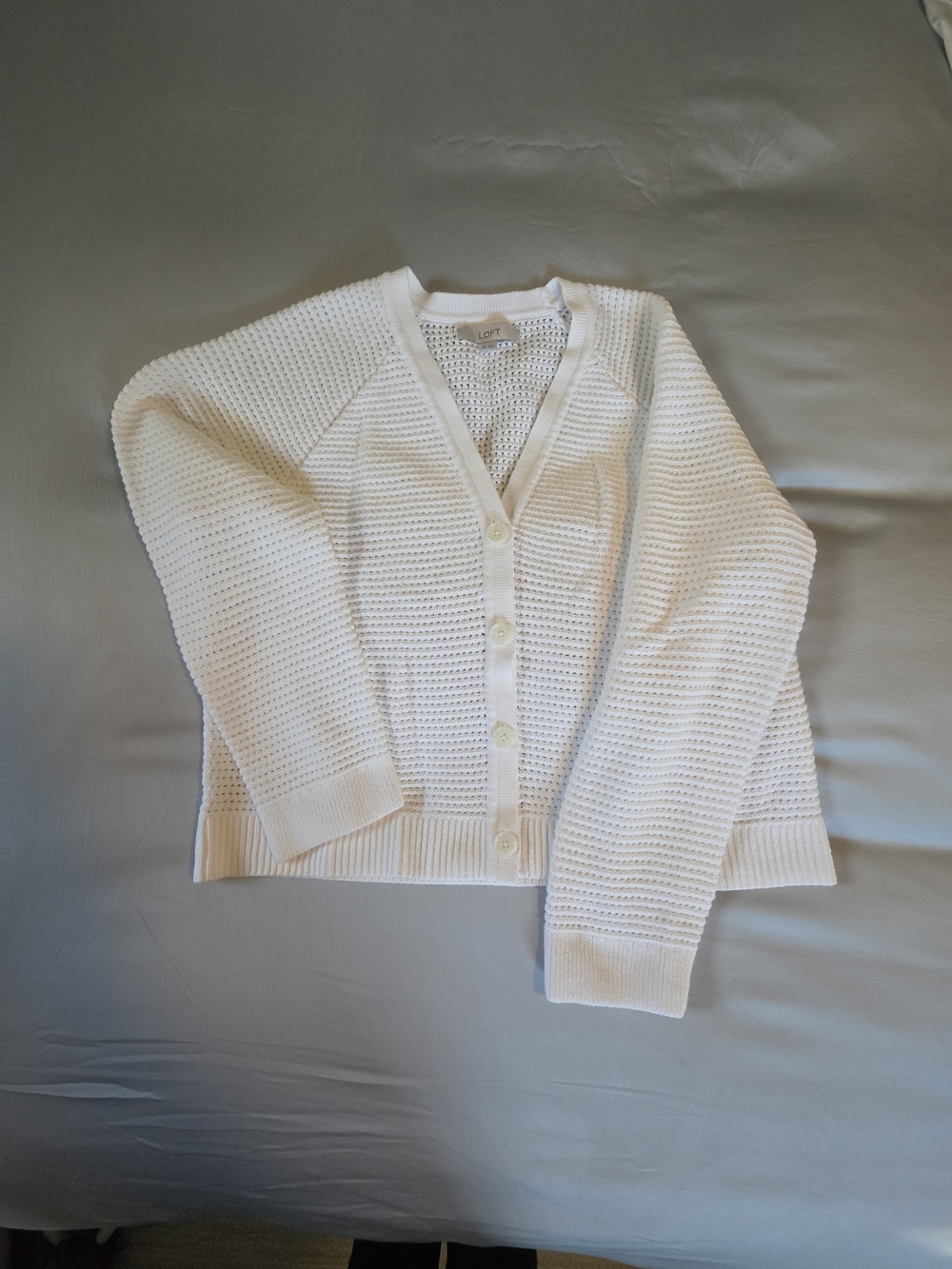 LOFT Cream Open-Knit Button Cardigan Sweater